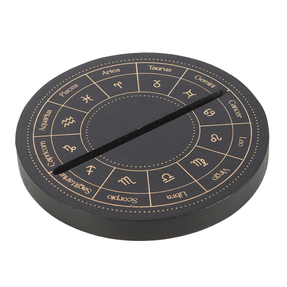Schwarzer Tarotkartenständer mit Astrologierad in goldfarben