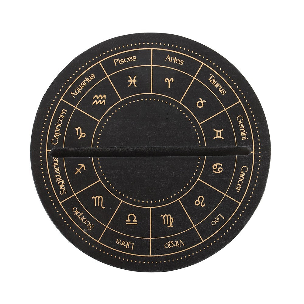 Schwarzer Tarotkartenständer mit Astrologierad in goldfarben