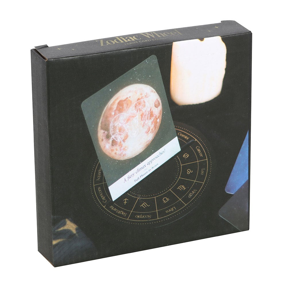 Schwarzer Tarotkartenständer mit Astrologierad in goldfarben