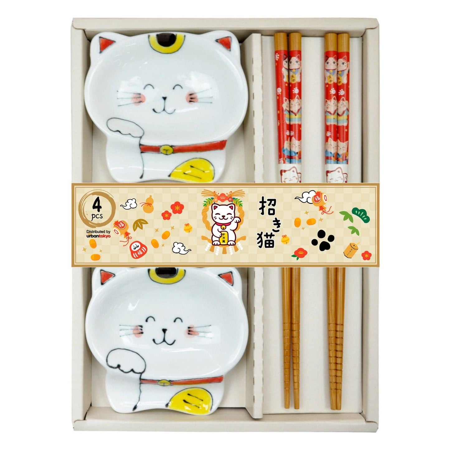 Glückskatzen 2 Paar Holzstäbchen und Schale Maneki-Neko-Geschirrset