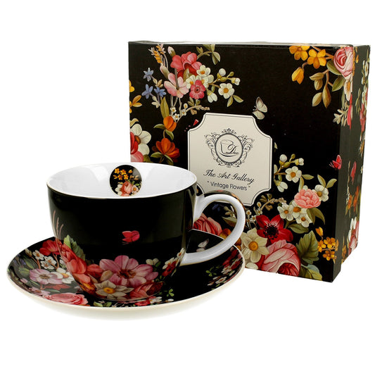 Vintage Duo Tasse mit Untertasse Blumen schwarz
