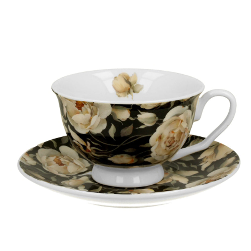 Vintage Duo Tasse mit Untertasse Englische Rosen schwarz 230 ml