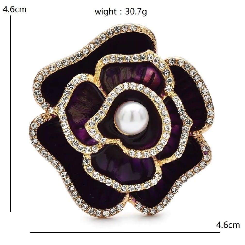 Rosen-Brosche lila mit Perle und Strass – Maßangaben 4,6x4,6cm, 30,7g