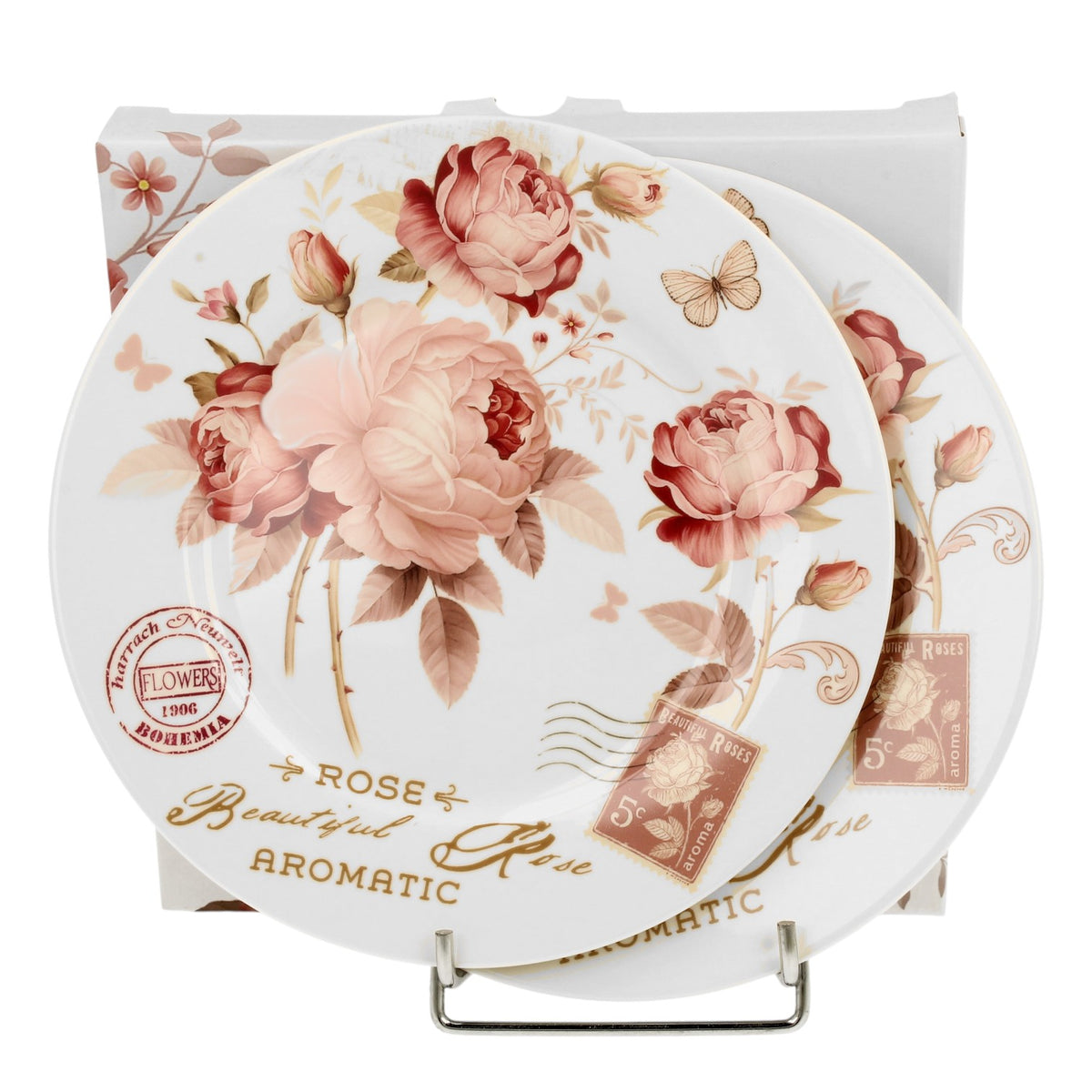 Dessertteller-Set Secesja Kwiaty Classic, 2 Stück, Rosen-Motiv, New Bone China