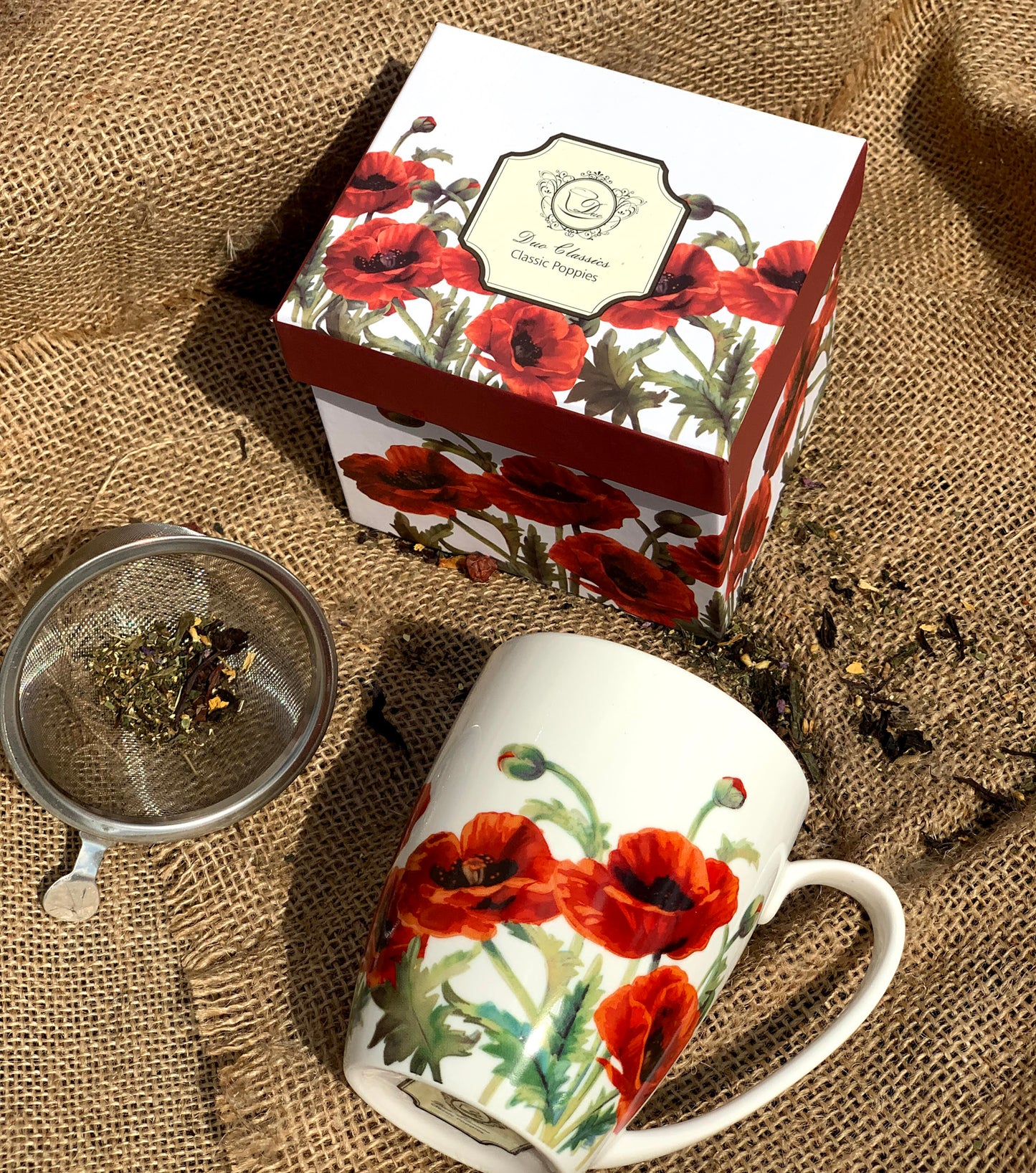 Duo Tasse vintage Blumen rot 320 ml mit Teesieb
