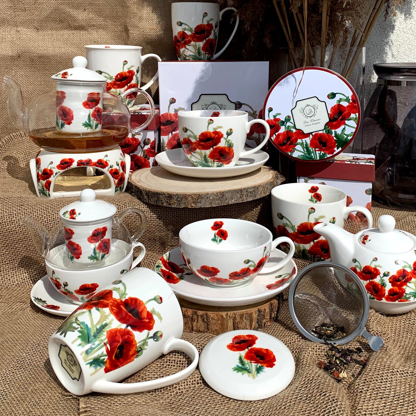 Duo Tasse vintage Blumen rot 320 ml mit Teesieb