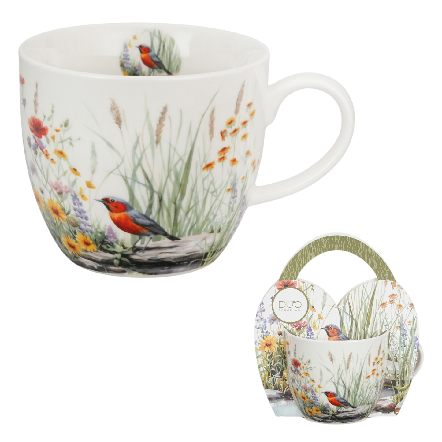DUO Tasse Juli 460ml im Herzkörbchen Rotkehlchen & Wildblumen Vögel