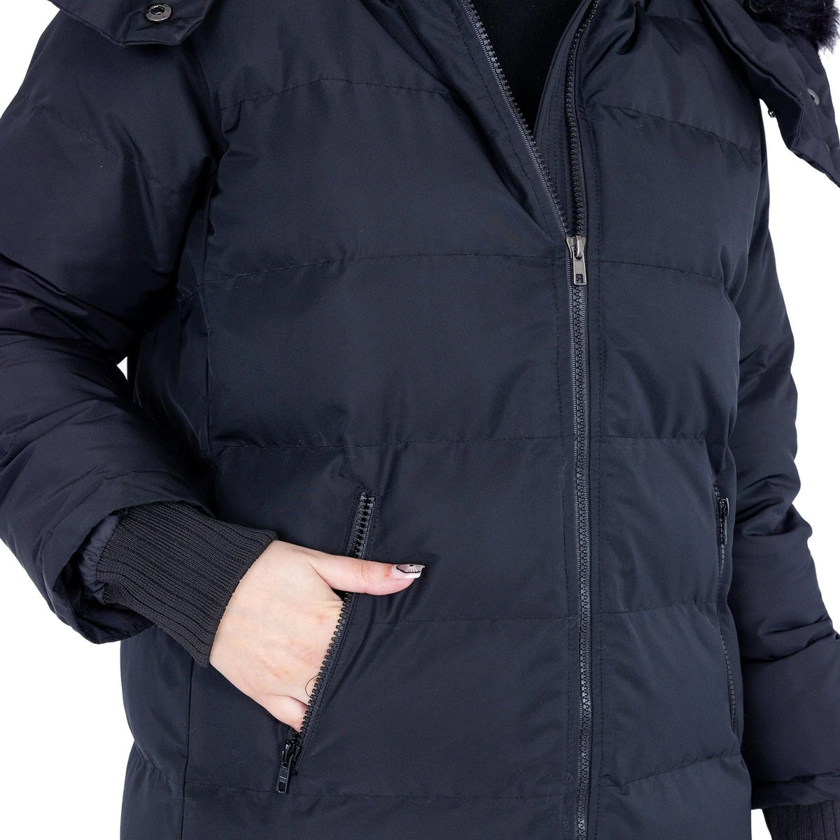 Gothic Lydia Damen-Steppmantel mit Kapuze und Kunstfell Schwarz