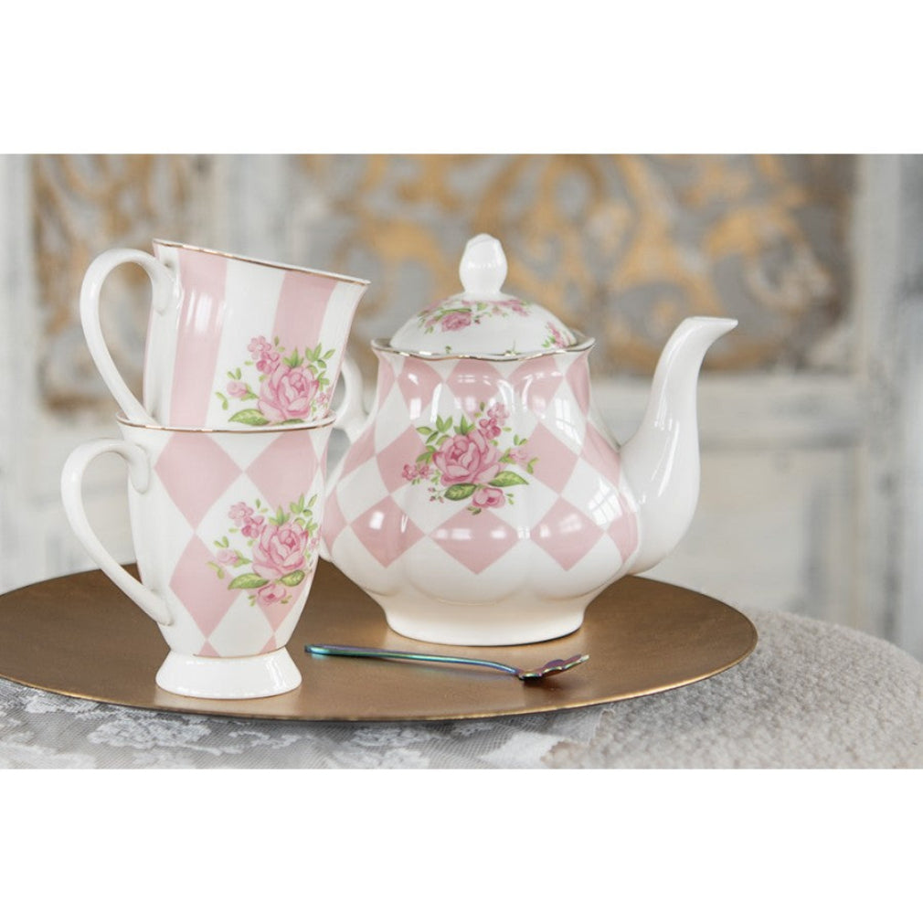 Vintage Teekanne rosa-weiß mit Rosen romantisch 1000 ml