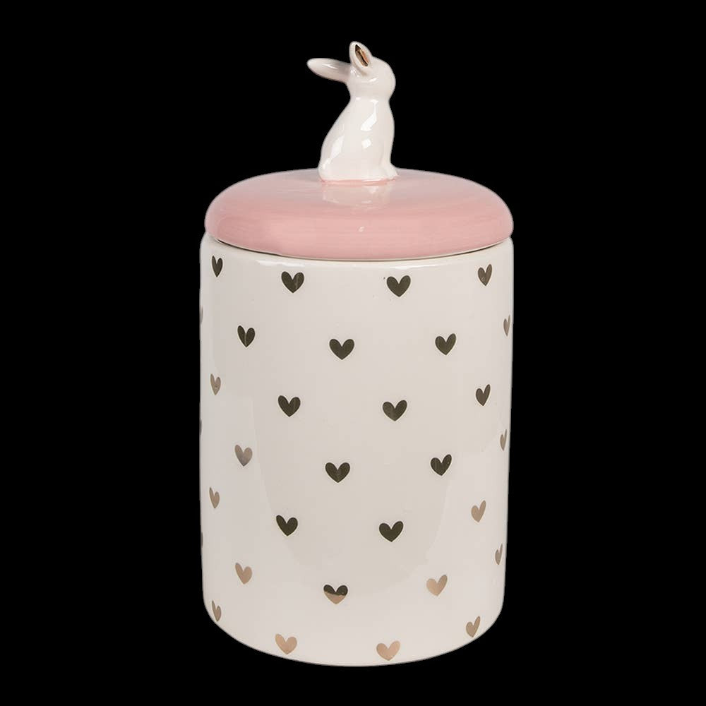 Clayre & Eef Aufbewahrungsglas mit Kaninchen, Ø 13 x 30 cm, Rosa/Weiß, Keramik