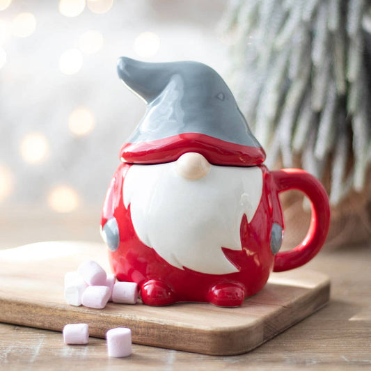 Tasse mit Deckel, Weihnachtsmotiv, Rot und Grau