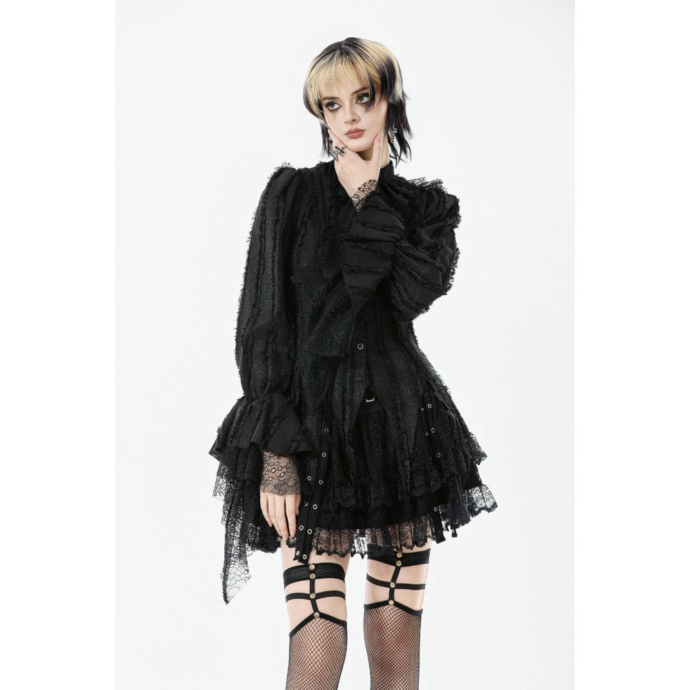 Gothic Zipfelbluse Hexe in schwarz mit Spitze