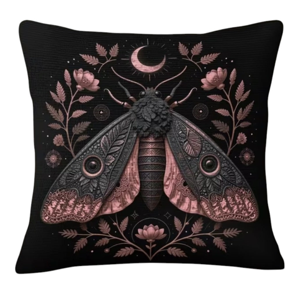 Witchy Dark Moth Dekokissen Gothic Kissen 45 x 45 cm schwarz-rosa