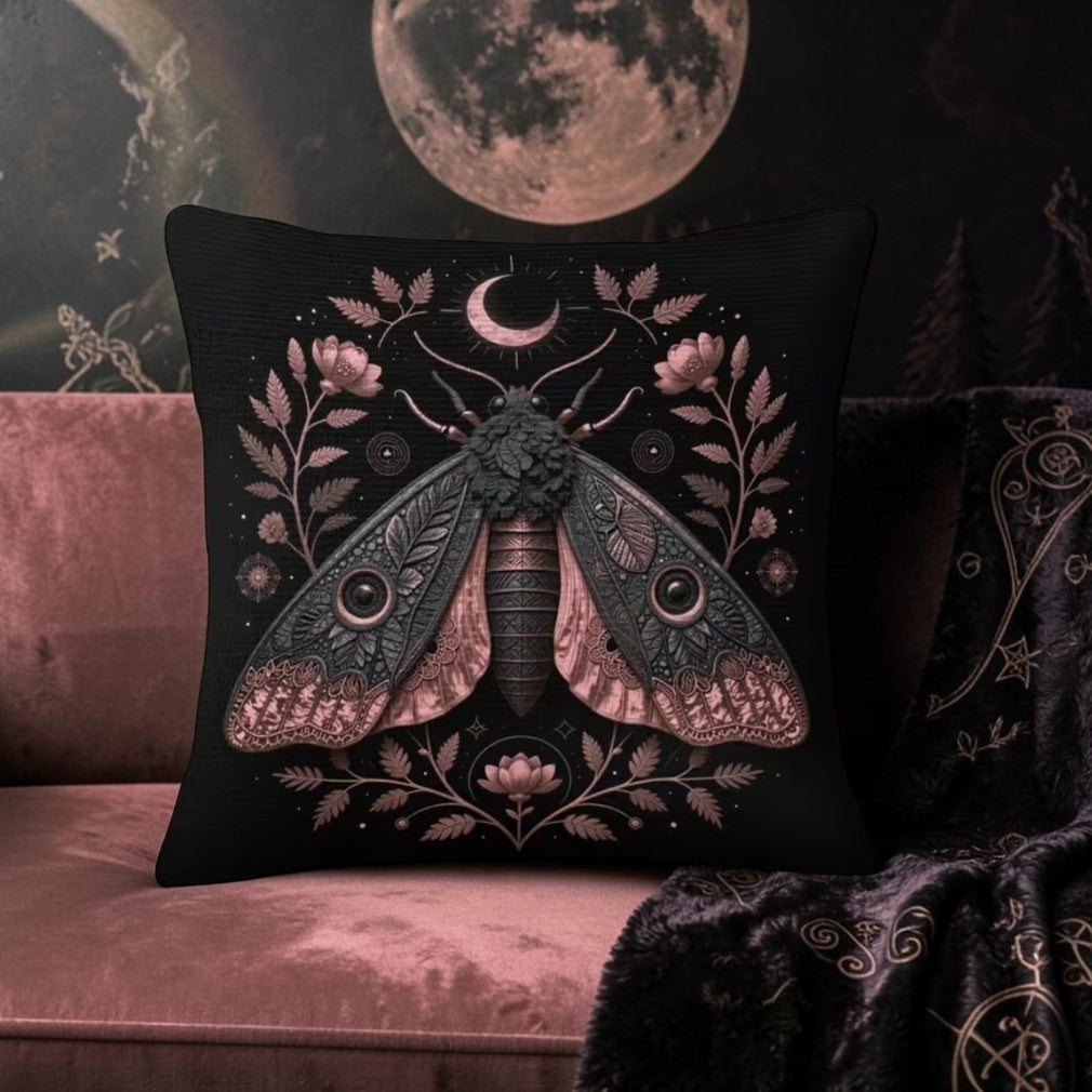 Witchy Dark Moth Dekokissen Gothic Kissen 45 x 45 cm schwarz-rosa
