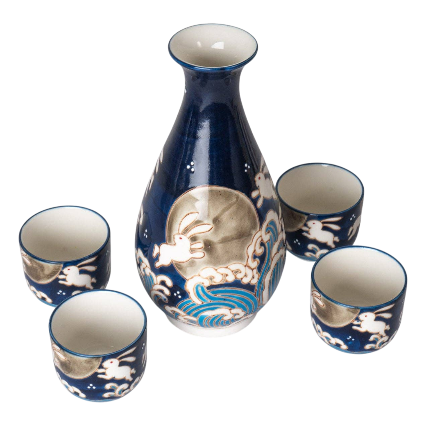 Japanisches Sake-Set „Mondkaninchen & Wellen“ – 5-teiliges Porzellan-Ensemble