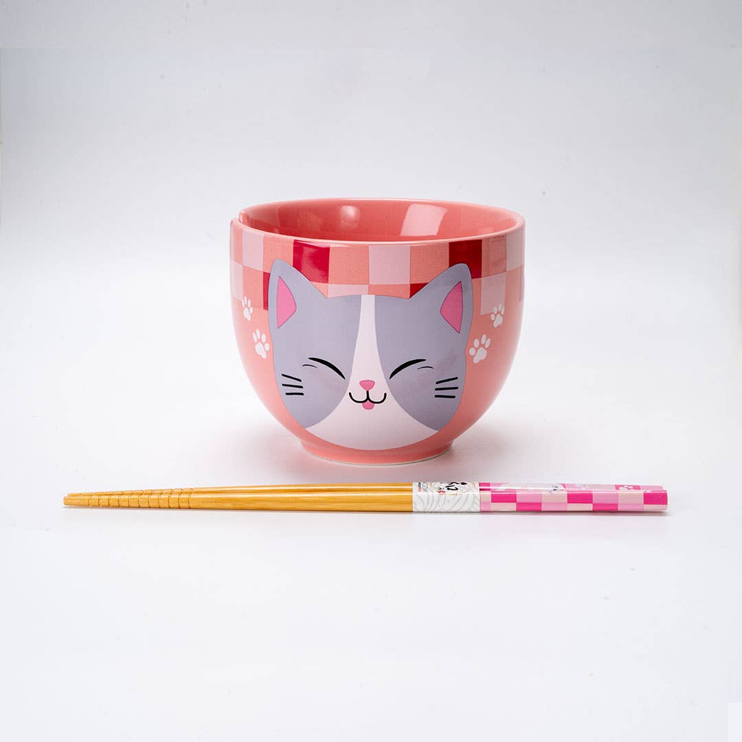 Rosa Kawaii Katzen-Ramenschale mit Essstäbchen