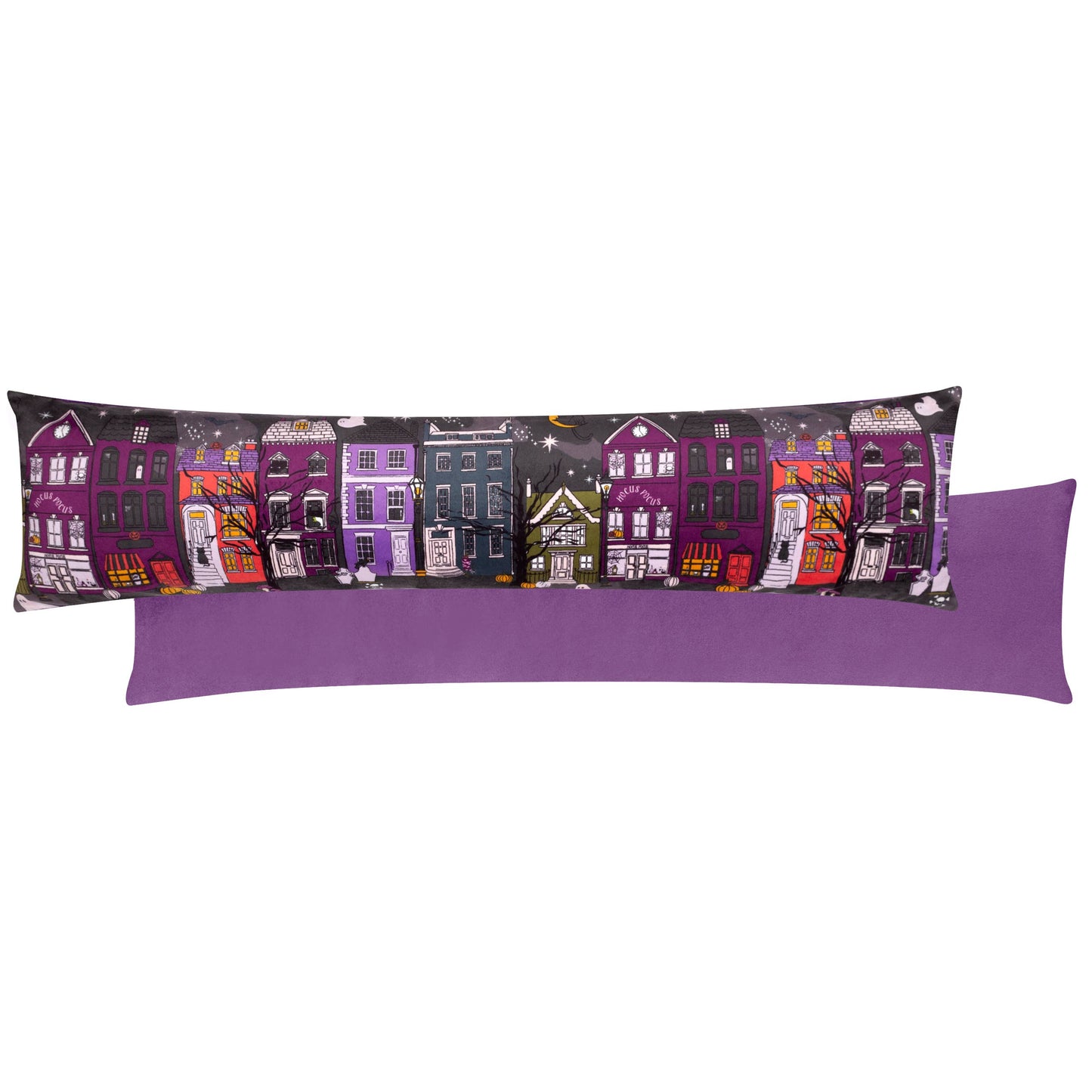 Kultiger "Creepy Town" Halloween Türstopper aus Samt violett 90 cm