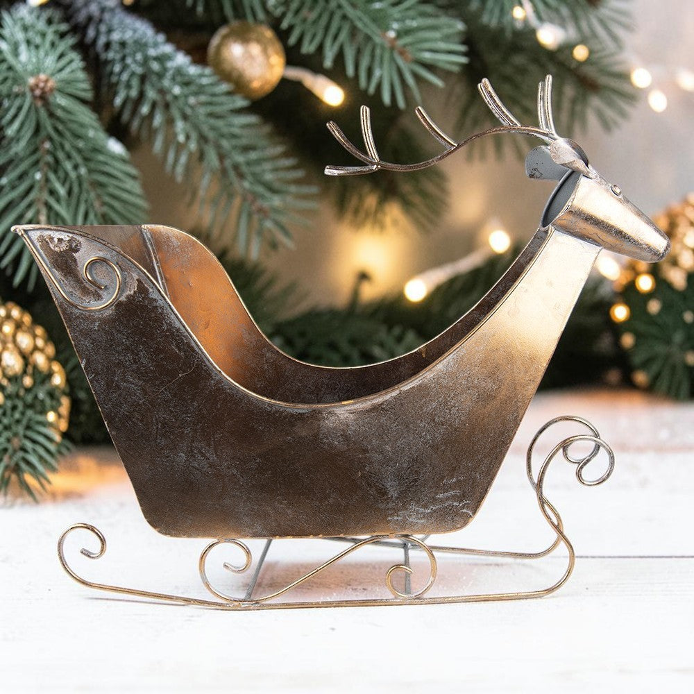 Rentier-Schlitten aus Metall – Kupferfarben , 54 cm Weihnachtsdeko vintage