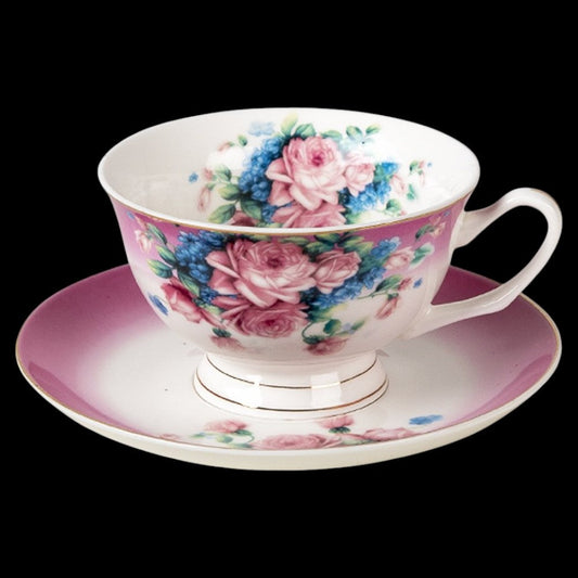 Clayre & Eef Tasse und Untertasse Rosa Rosen - Set weißer Hintergrund