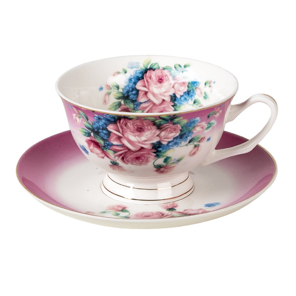 Clayre & Eef Tasse und Untertasse Rosa Rosen - Set schwarzer Hintergrund
