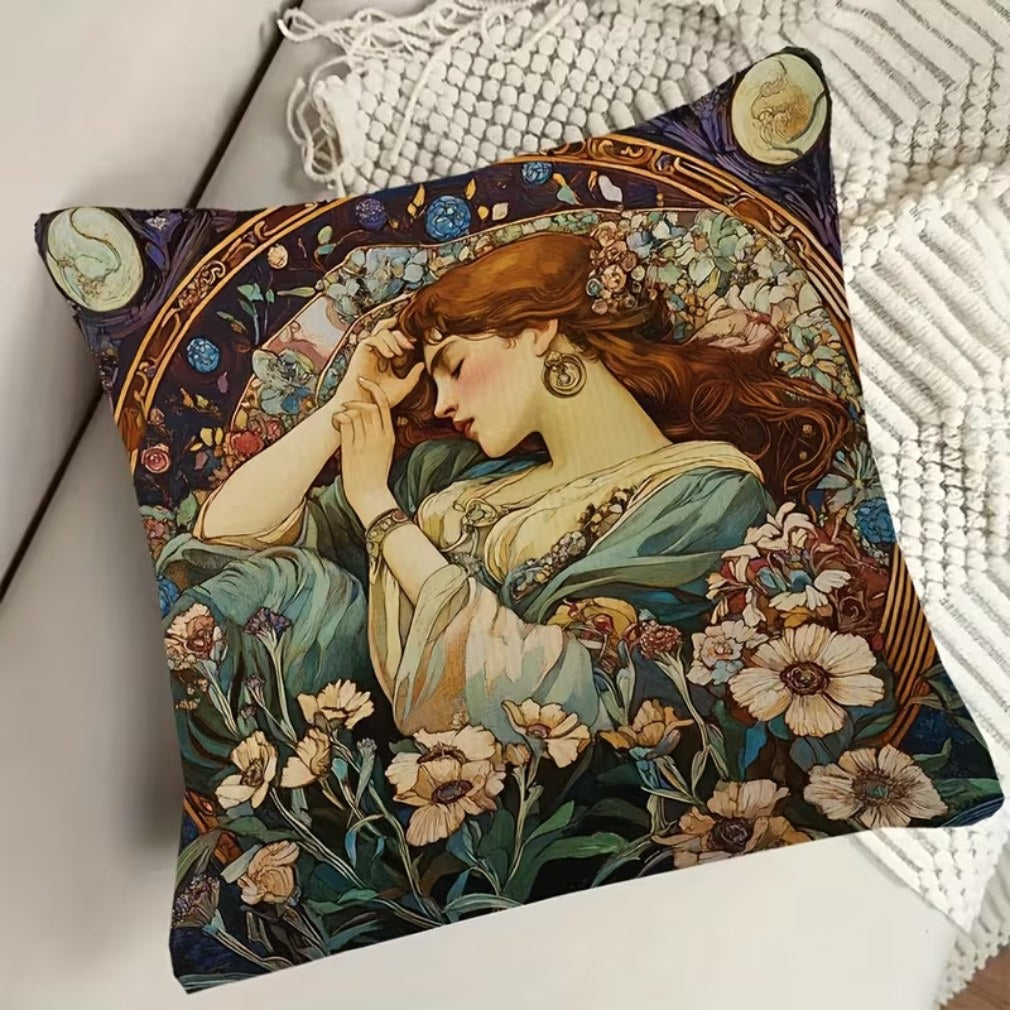 Vintage Kissen Mucha Jugendstil Träumende Frau Blumen Nacht auf Tisch mit Decke