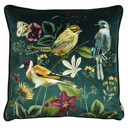 Nostalgisches Samt Dekokissen grün Vögel "Midnight Garden"