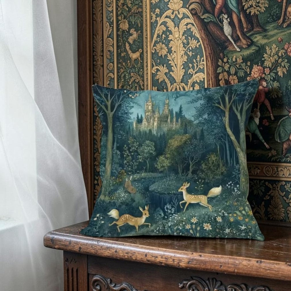 Dekokissen Zauberwald Schloss – Lifestyle dunkelblauer Samtsofa mit Wandbild