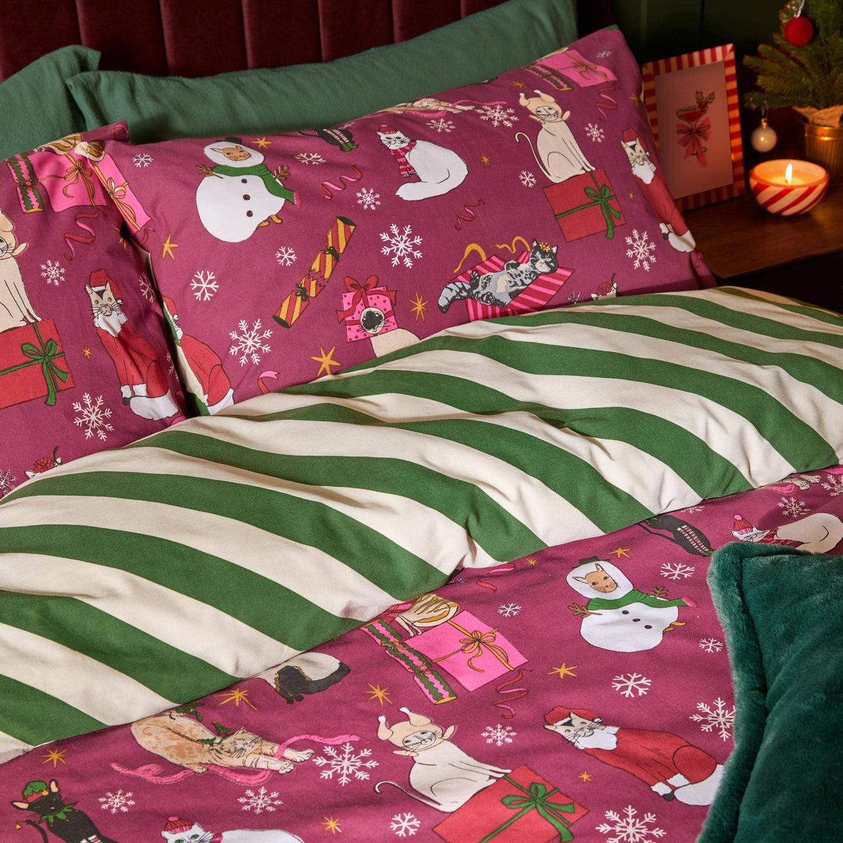 Nostalgische Wendebettwäsche Weihnachtliches Katzenmotiv vintage