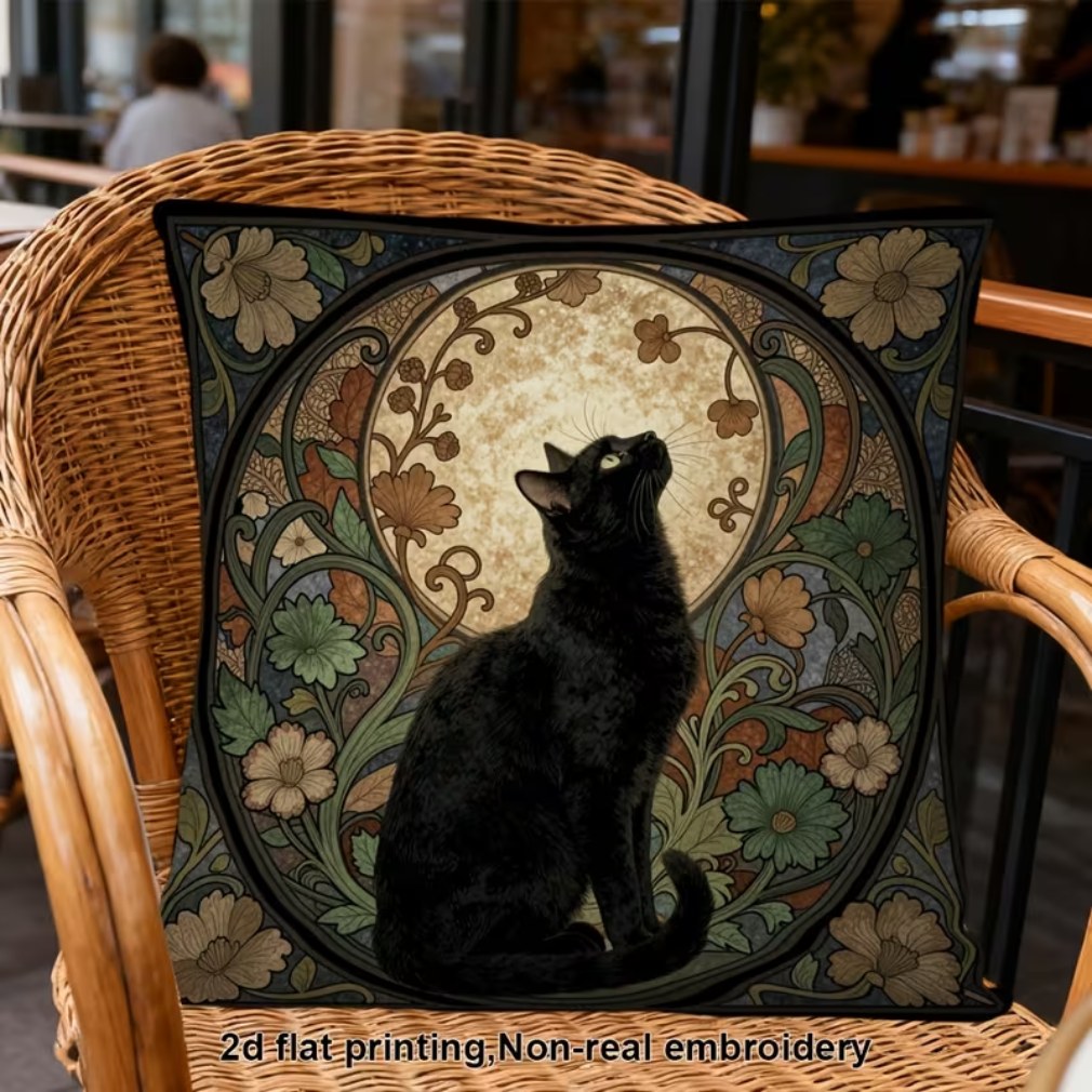 Vintage Kissen Schwarze Katze Jugendstil Blumenornament auf Korbsessel im Café