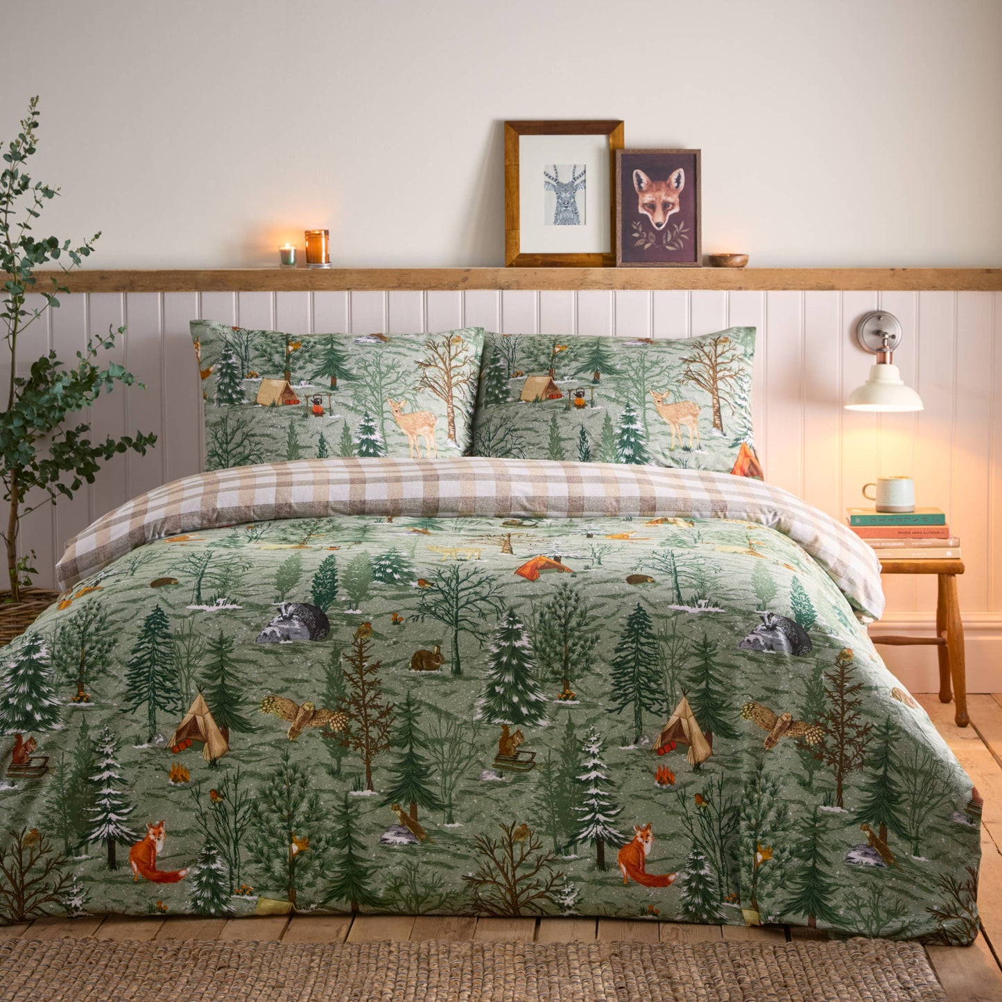 Vintage Bettbezug-Set "Lodge Wood" 100% aus Baumwolle Eichengrün