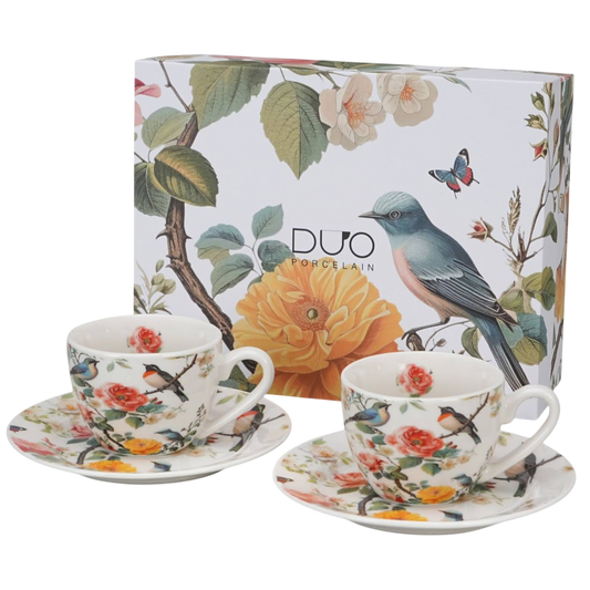 DUO Geschenkset 2 Espressotassen mit Untertassen "April" Vogelmotiv 110 ml
