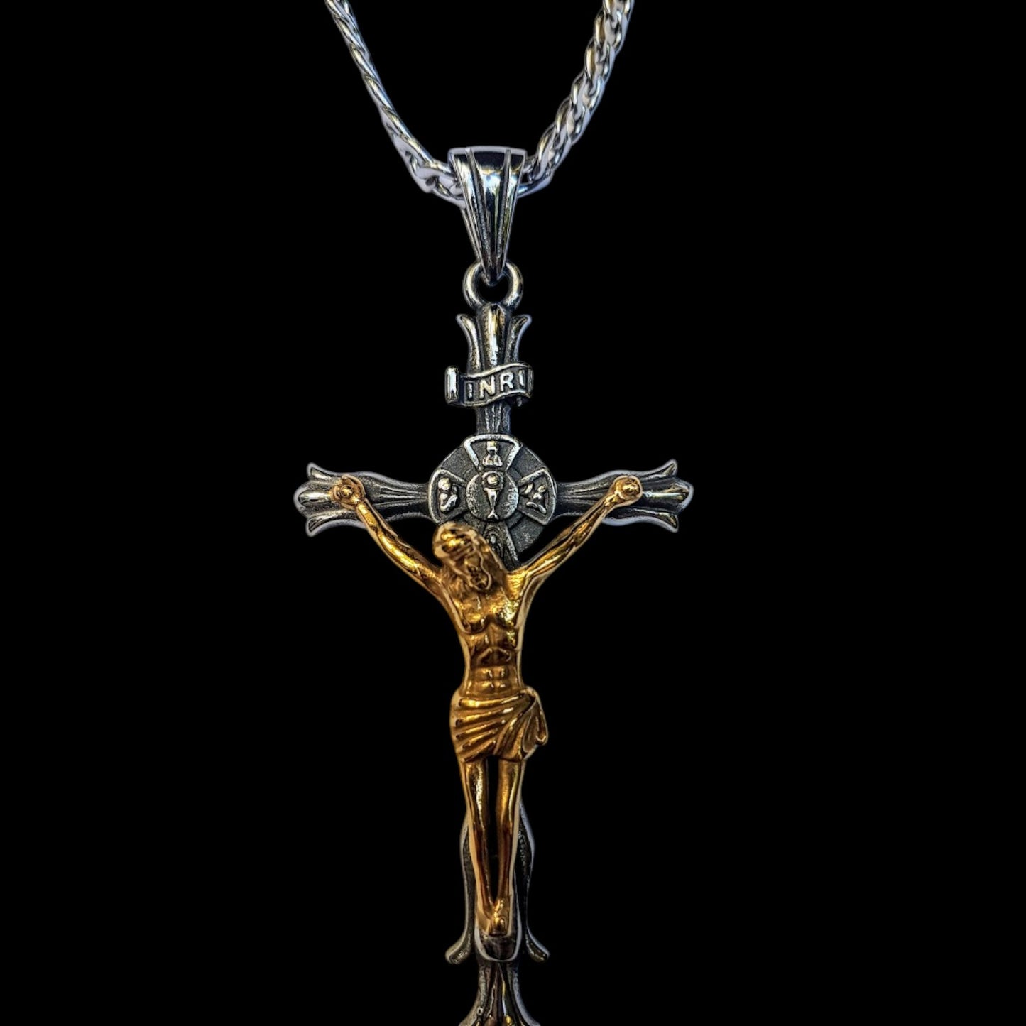INRI Crucifix großer Anhänger "Jesus am Kreuz" silber-gold Edelstahl