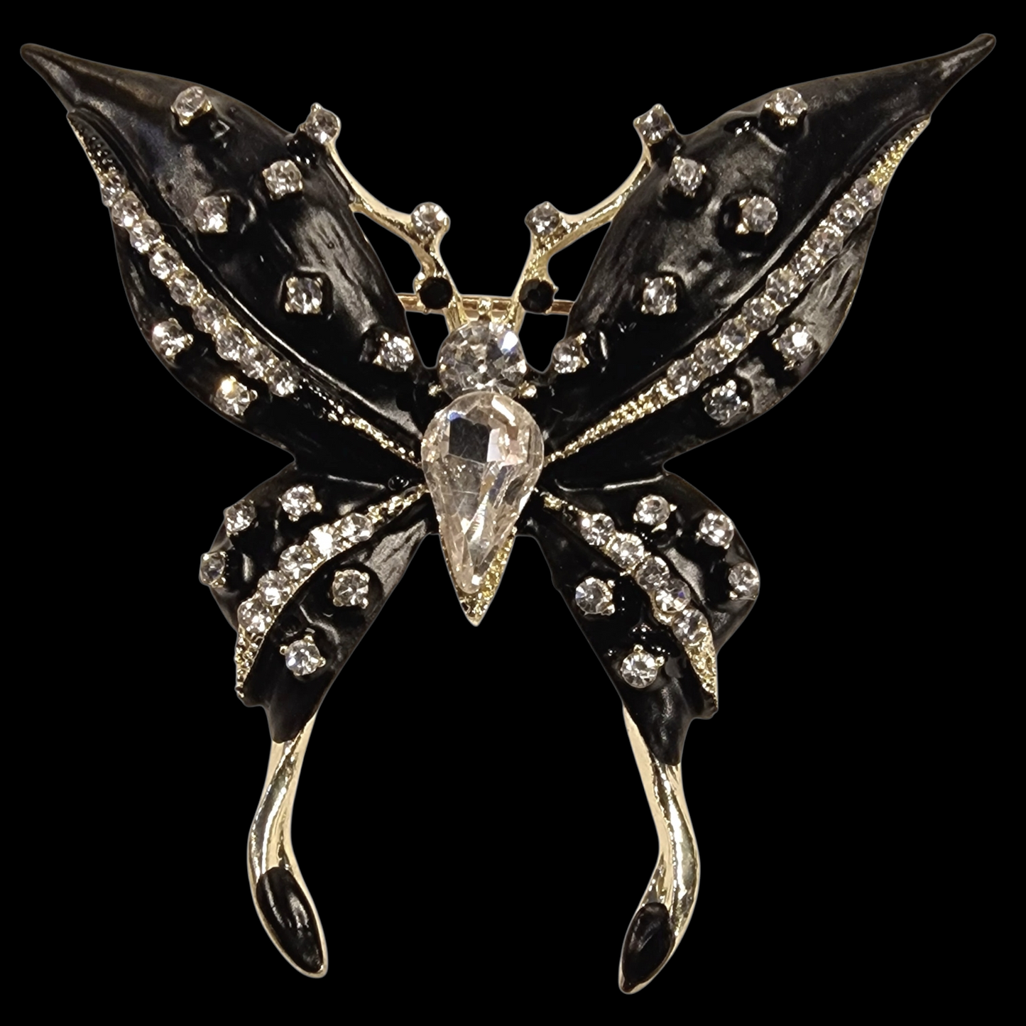 Vintage zierliche Schmetterlings-Brosche mit schwarzer Emaille und Strass