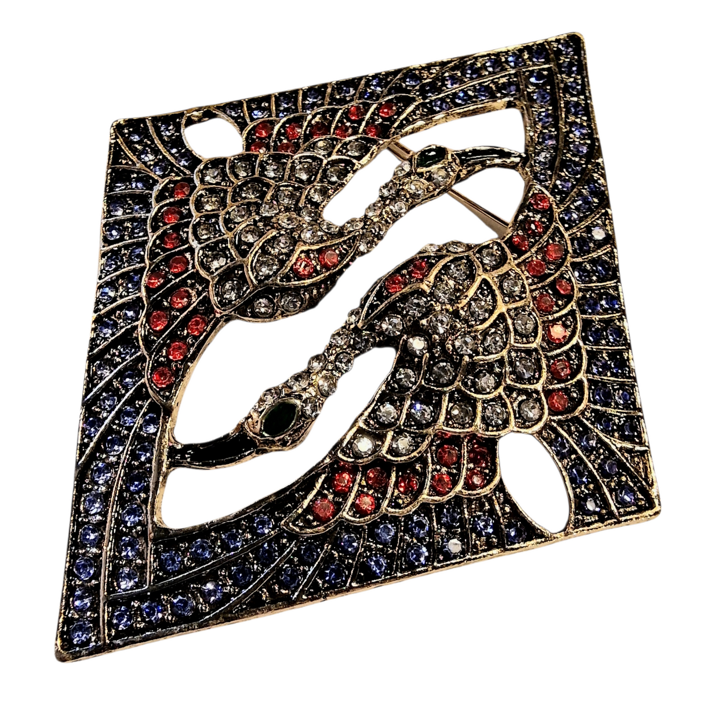 XL Art Nouveau Brosche mit roten und schwarzen Strasssteinchen