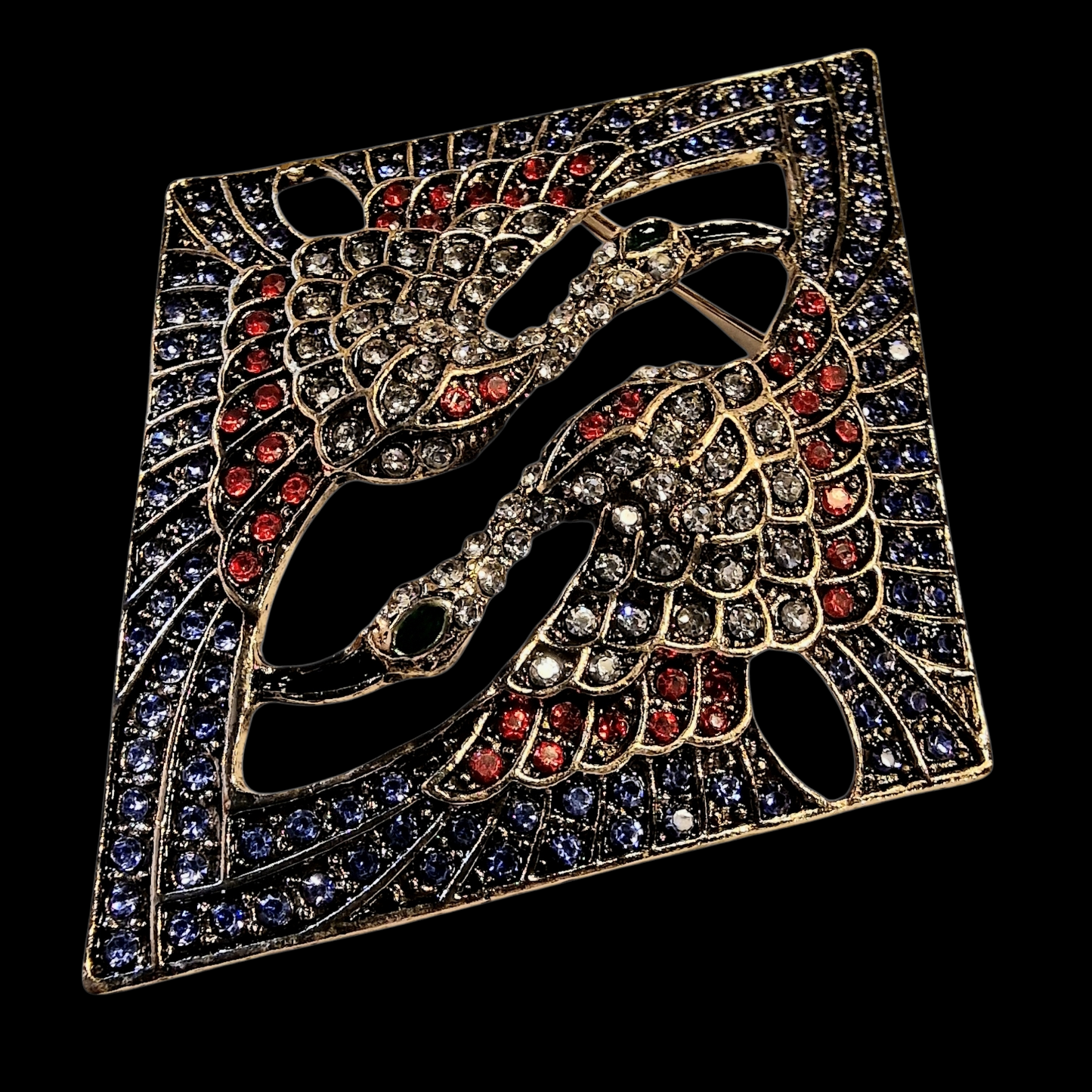 XL Art Nouveau Brosche mit roten und schwarzen Strasssteinchen