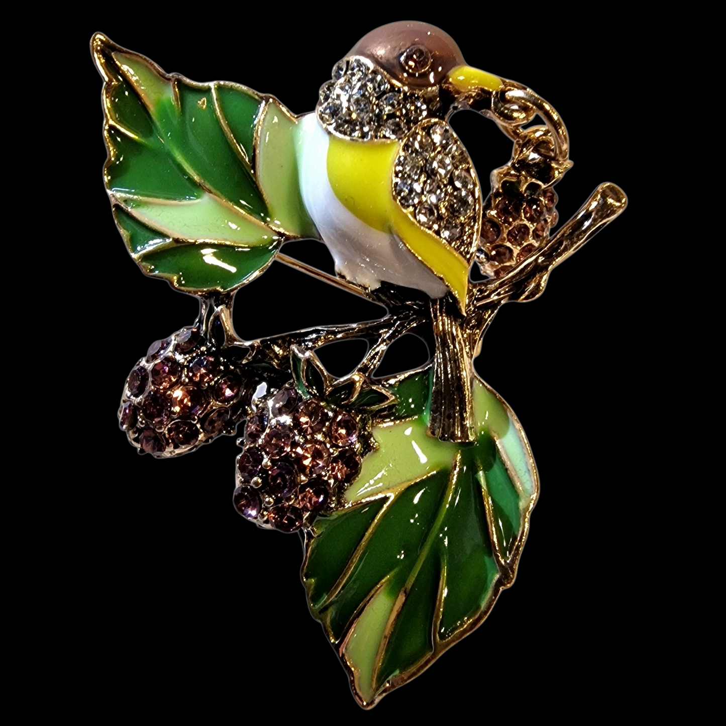 Vogel-Brosche mit Kirschen und Emaille