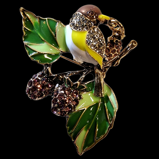 Vogel-Brosche mit Kirschen und Emaille