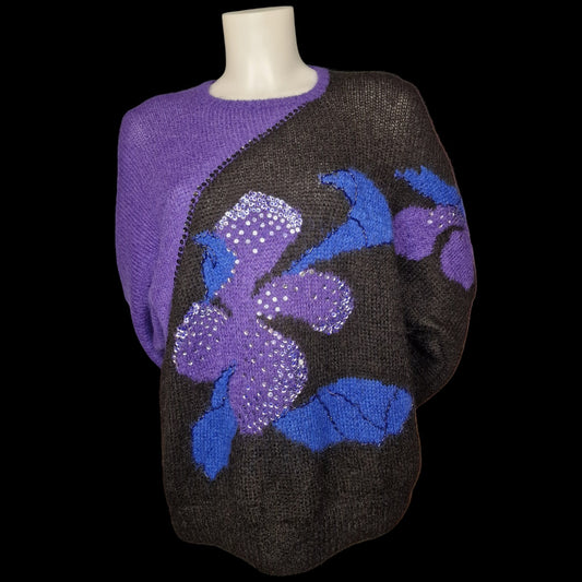 Vintage Pullover mit Pailletten-Blumenmuster in schwarz-violett XL
