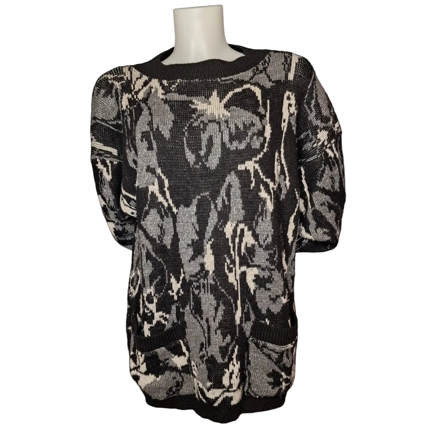Vintage 80er Pullover Schwarz-Grau mit abstraktem Muster Taschen und Lurex L