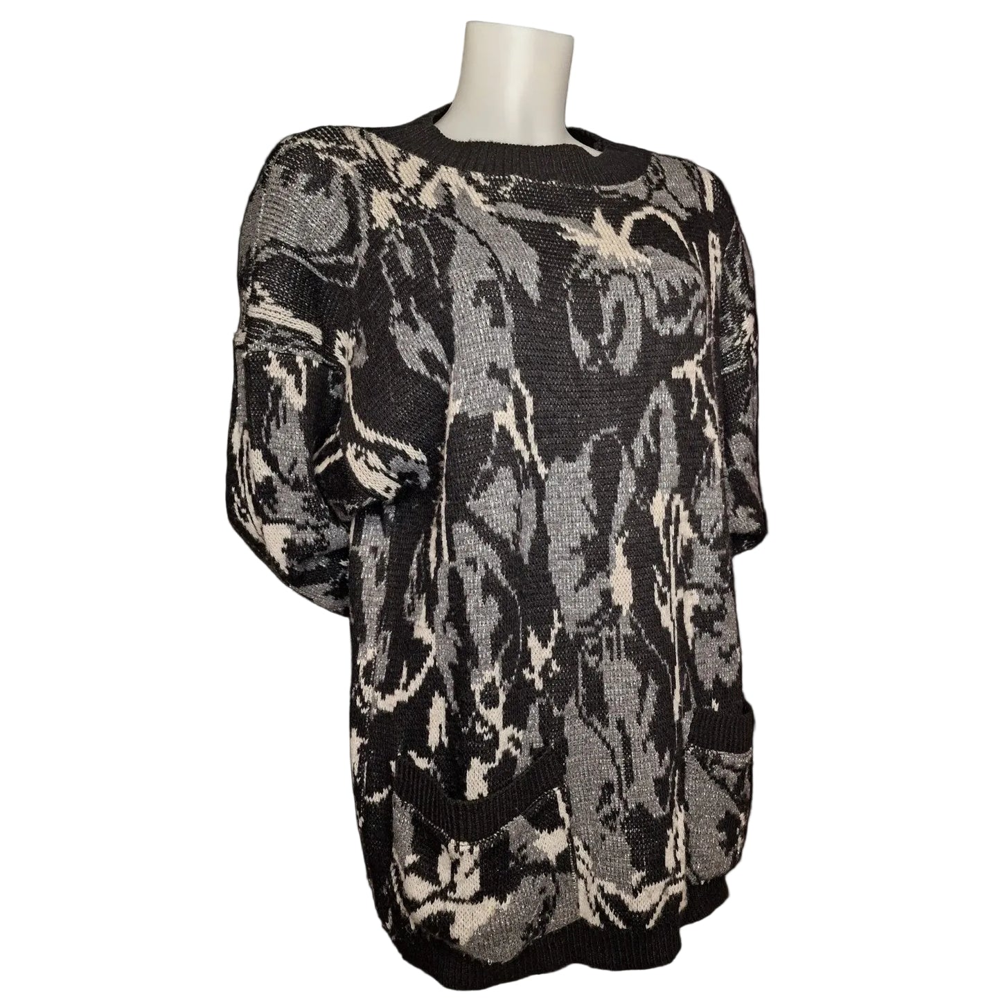 Vintage 80er Pullover Schwarz-Grau mit abstraktem Muster Taschen und Lurex L
