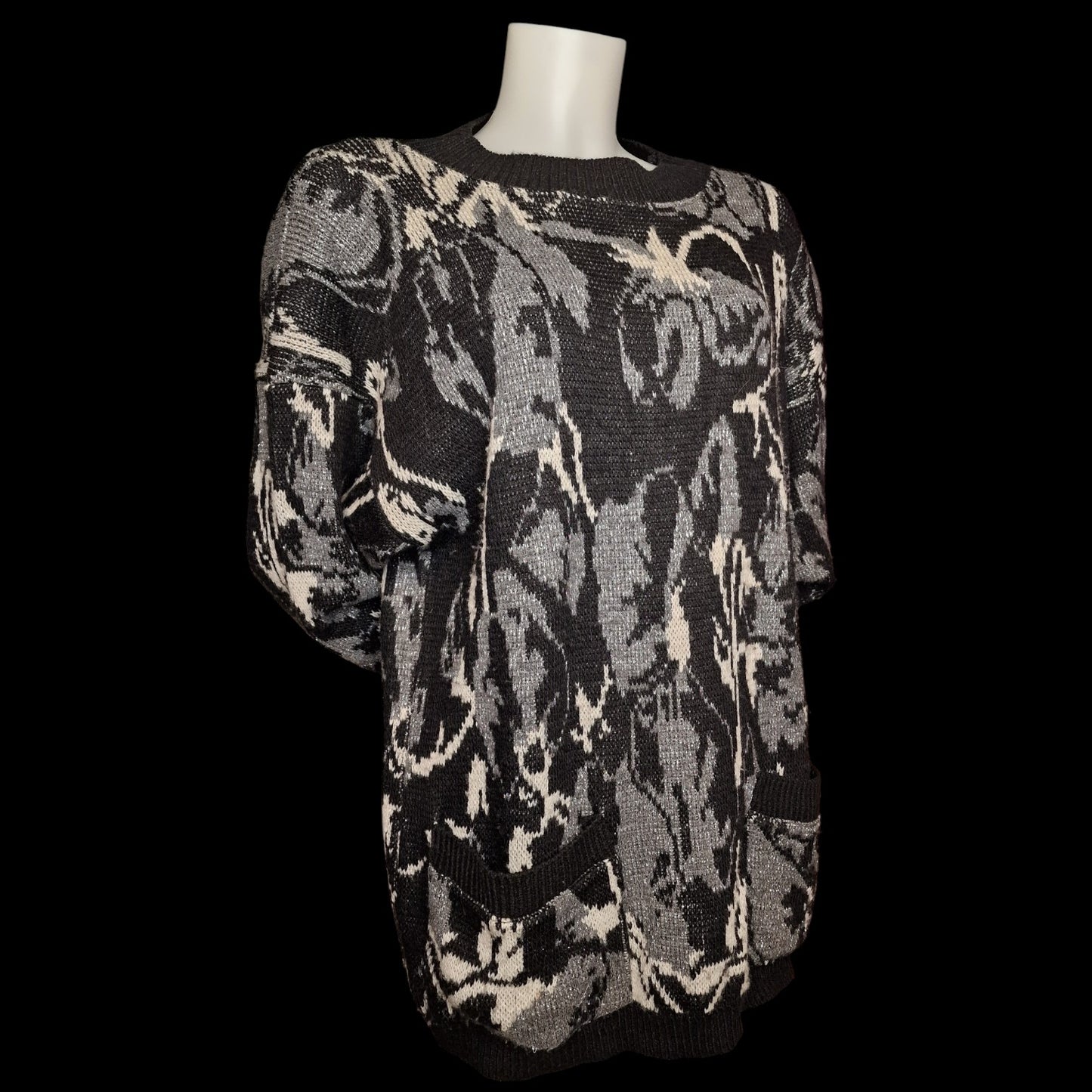 Vintage 80er Pullover Schwarz-Grau mit abstraktem Muster Taschen und Lurex L