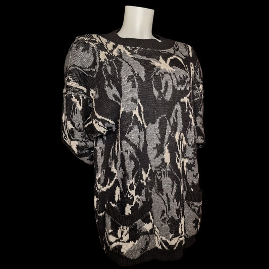 Vintage 80er Pullover Schwarz-Grau mit abstraktem Muster Taschen und Lurex L