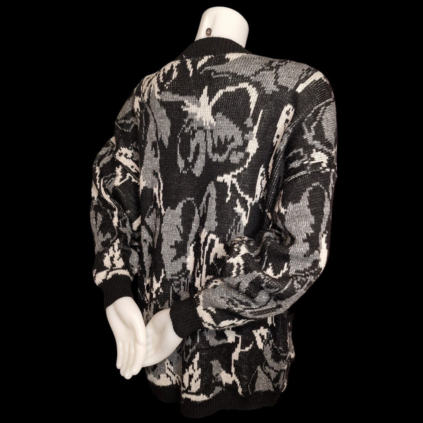 Vintage 80er Pullover Schwarz-Grau mit abstraktem Muster Taschen und Lurex L