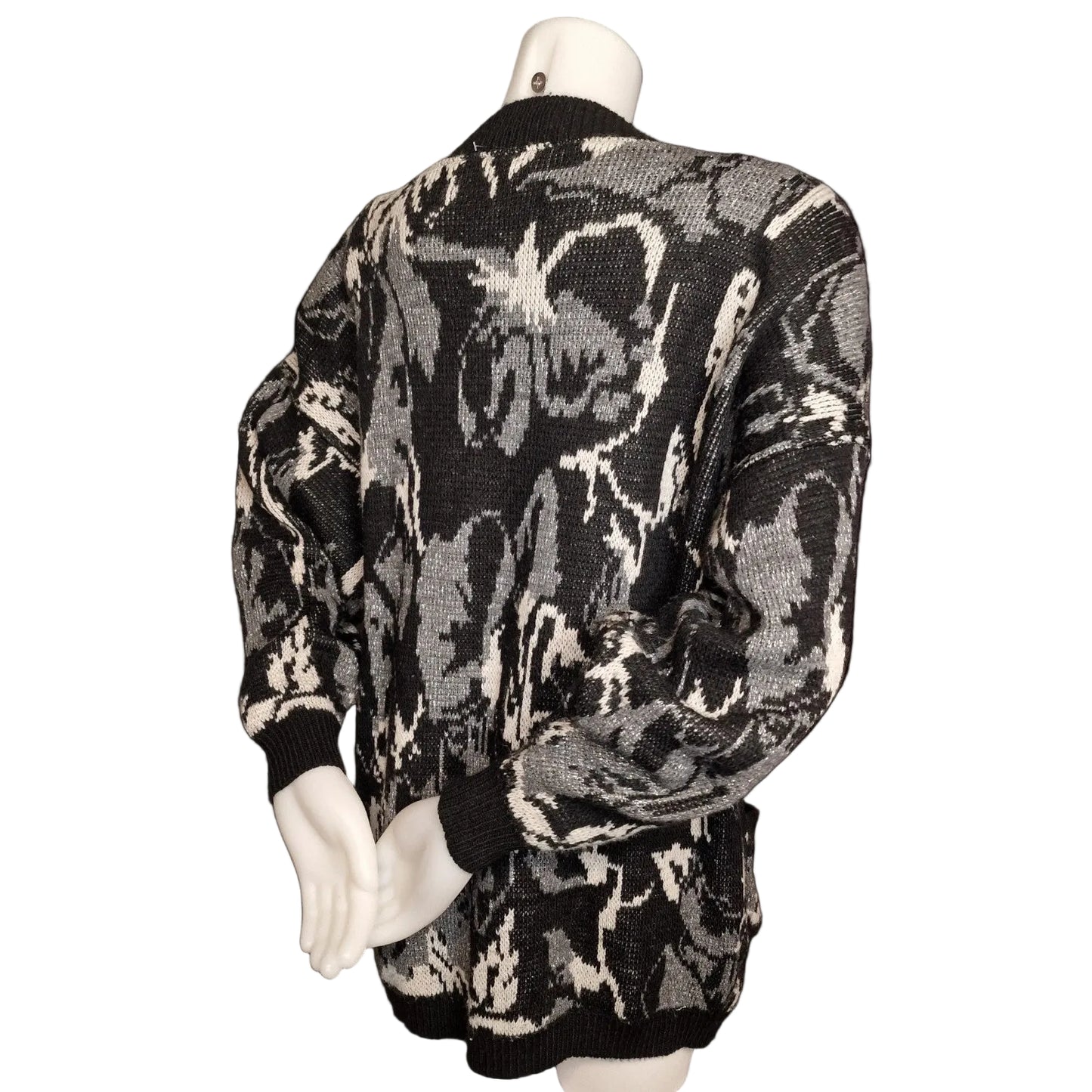 Vintage 80er Pullover Schwarz-Grau mit abstraktem Muster Taschen und Lurex L