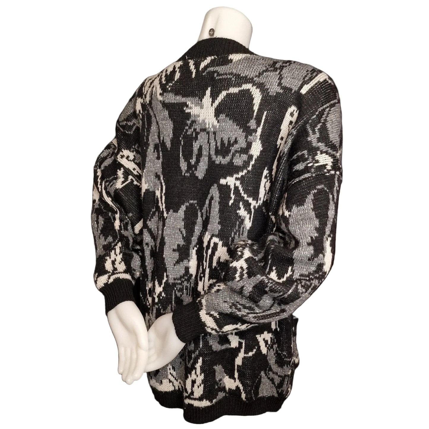 Vintage 80er Pullover Schwarz-Grau mit abstraktem Muster Taschen und Lurex L