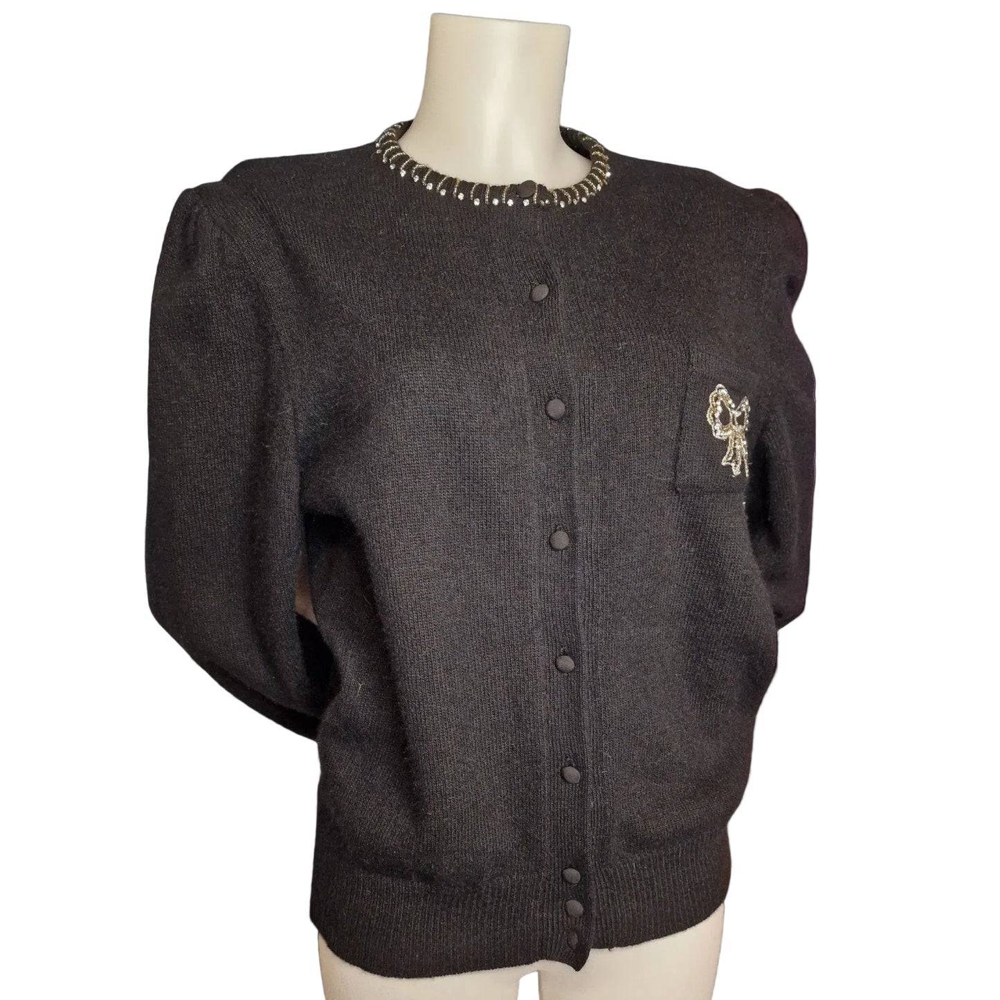 80er Vintage Strickjacke Schwarz mit Schleife und Applikationen Gr M "Valeria Zaccarelli"