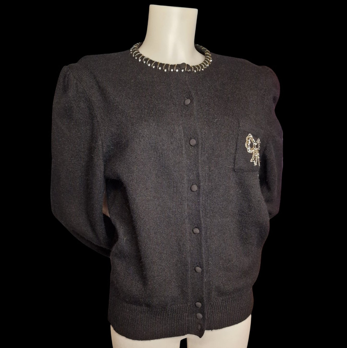 80er Vintage Strickjacke Schwarz mit Schleife und Applikationen Gr M "Valeria Zaccarelli"
