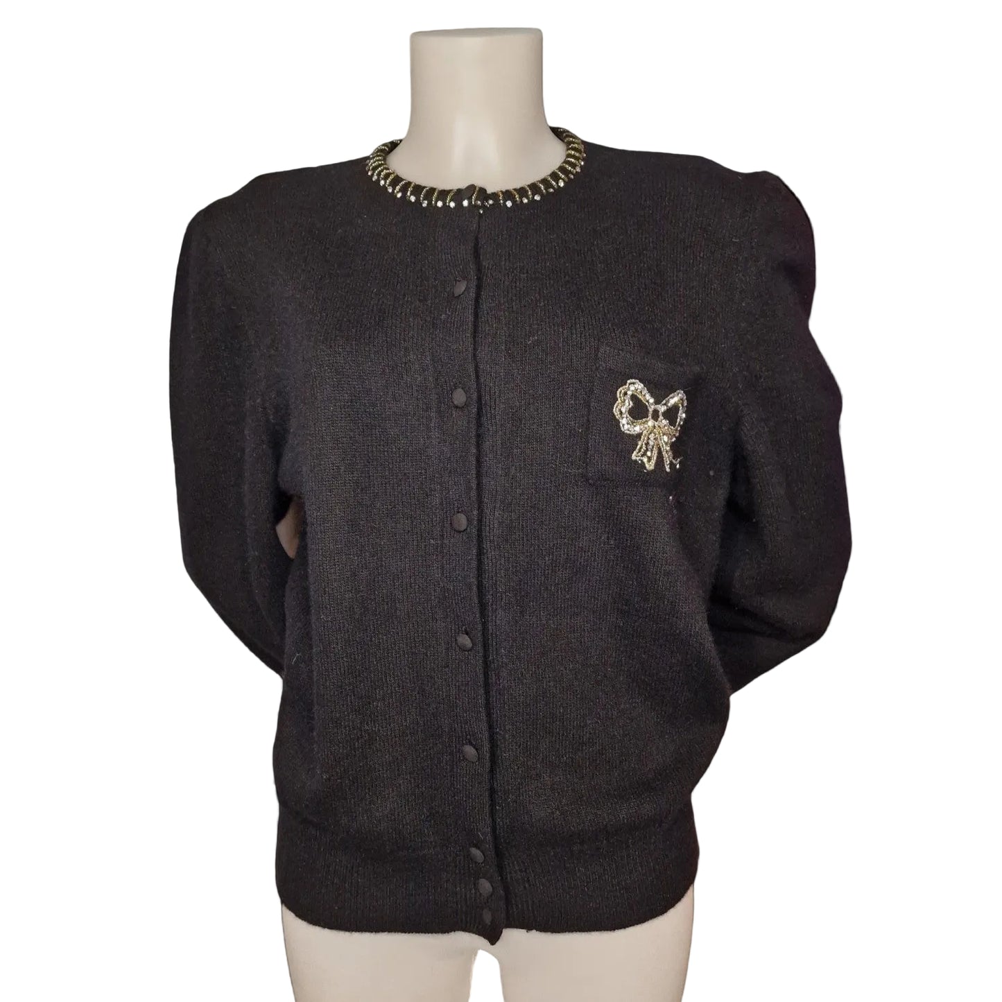 80er Vintage Strickjacke Schwarz mit Schleife und Applikationen Gr M "Valeria Zaccarelli"