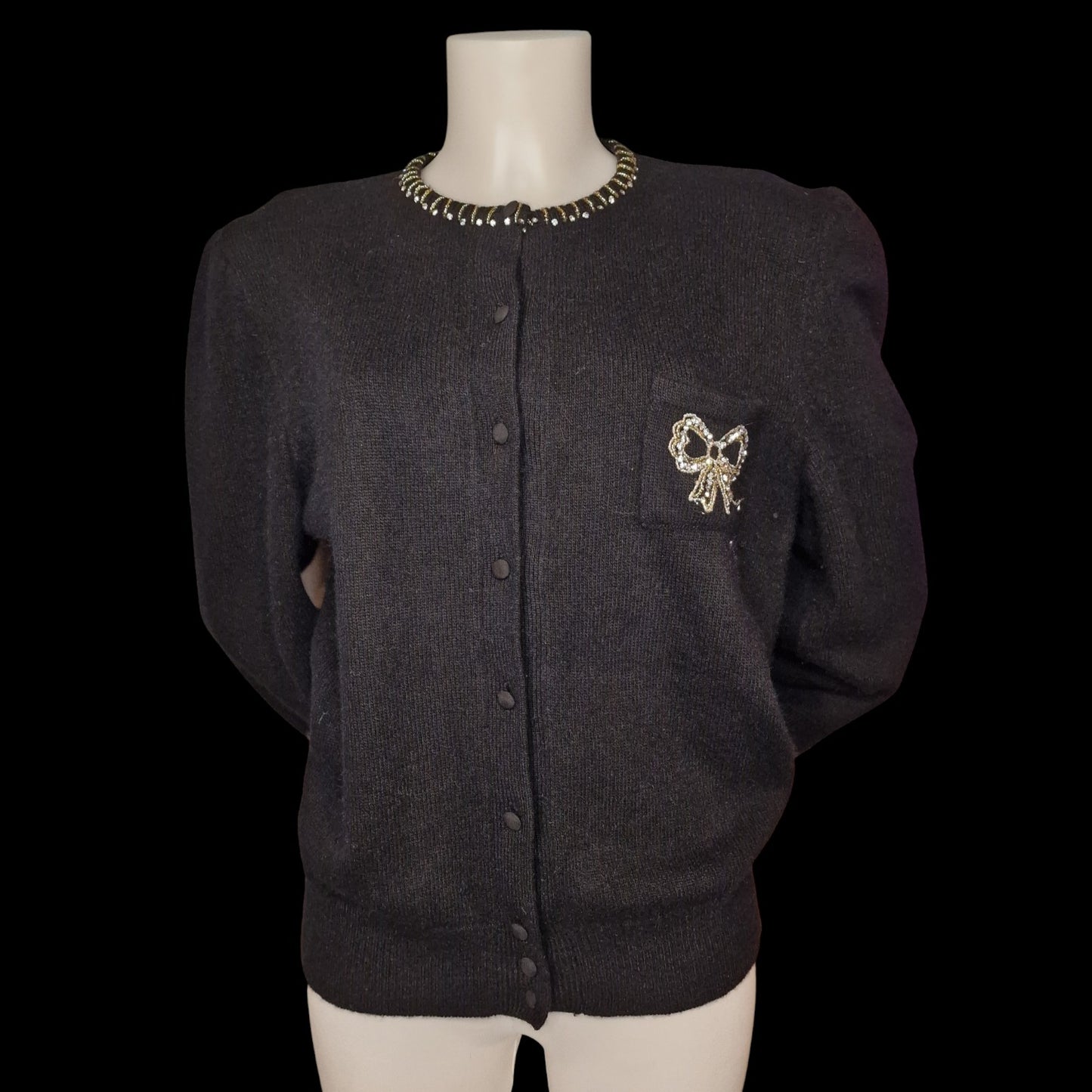 80er Vintage Strickjacke Schwarz mit Schleife und Applikationen Gr M "Valeria Zaccarelli"