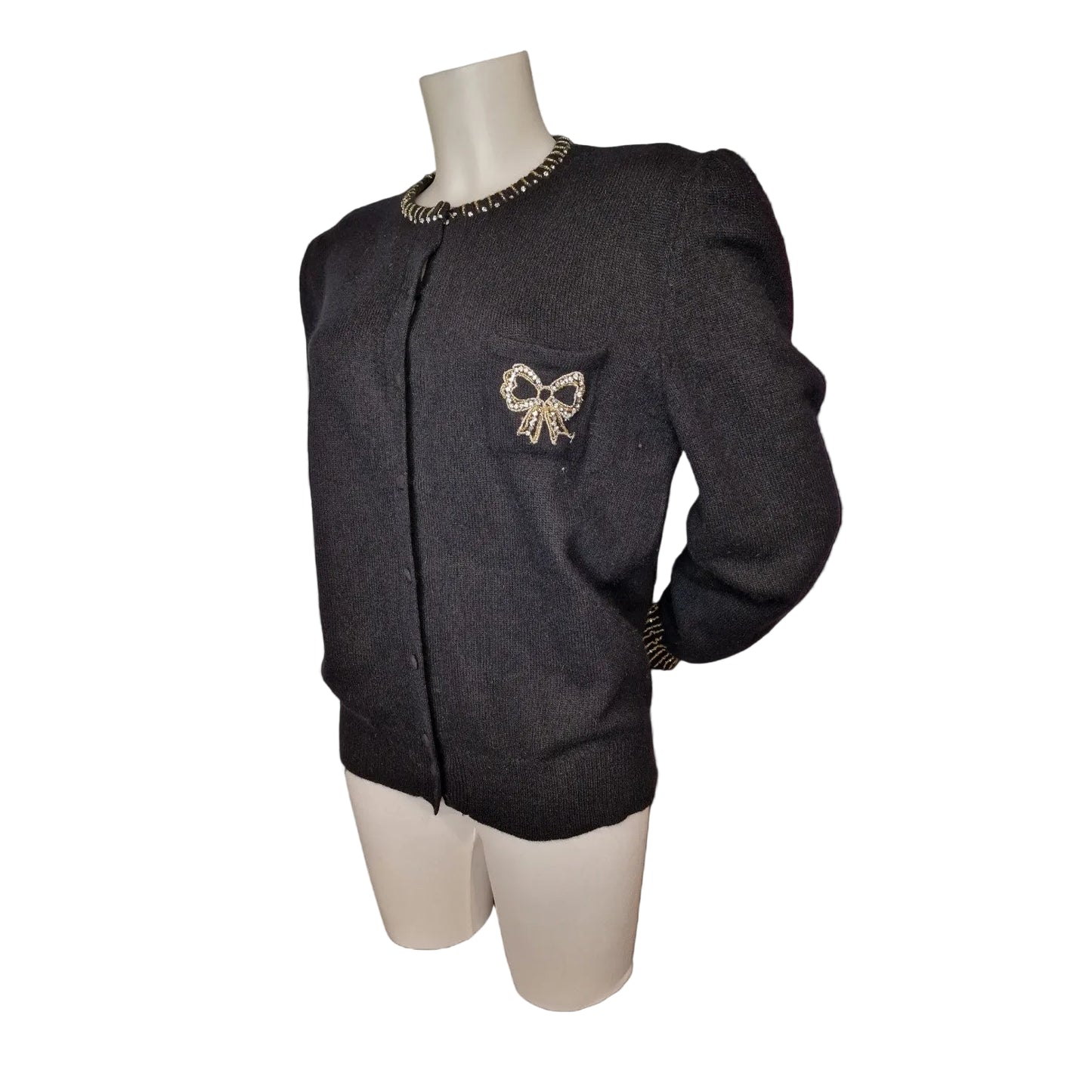 80er Vintage Strickjacke Schwarz mit Schleife und Applikationen Gr M "Valeria Zaccarelli"